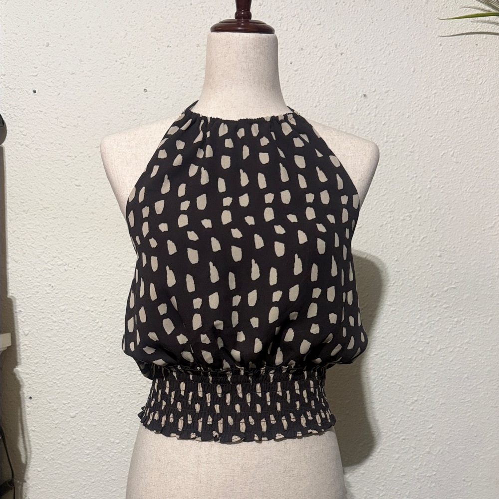 Sienna Sky Black and Cream Halter Smocked Crop Top